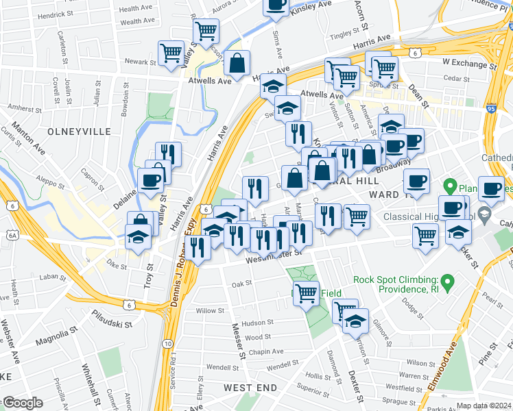 map of restaurants, bars, coffee shops, grocery stores, and more near 492 Broadway in Providence