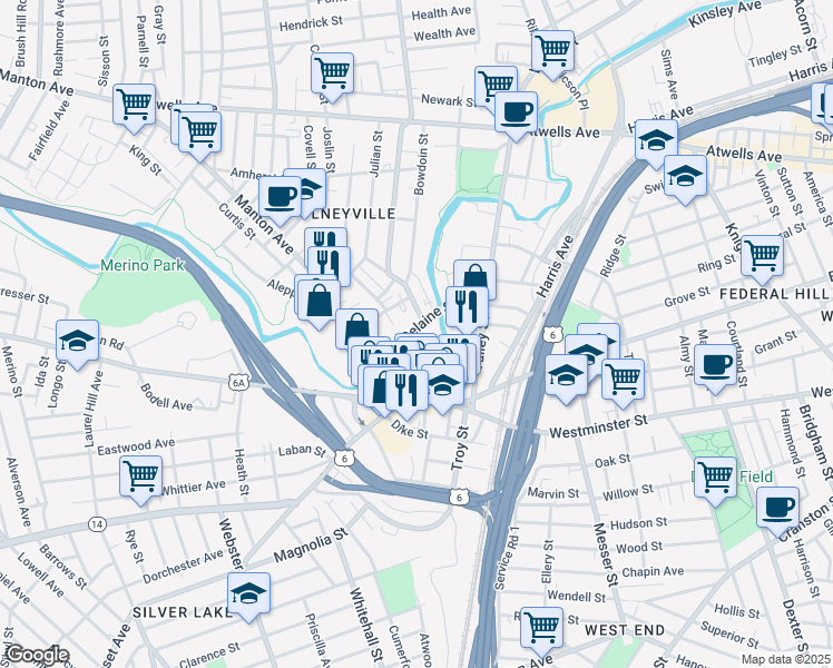 map of restaurants, bars, coffee shops, grocery stores, and more near 148 Delaine Street in Providence