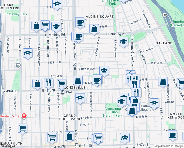 map of restaurants, bars, coffee shops, grocery stores, and more near 4153 South Vincennes Avenue in Chicago