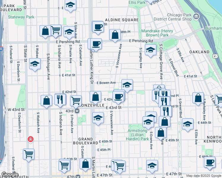 map of restaurants, bars, coffee shops, grocery stores, and more near 4153 South Vincennes Avenue in Chicago