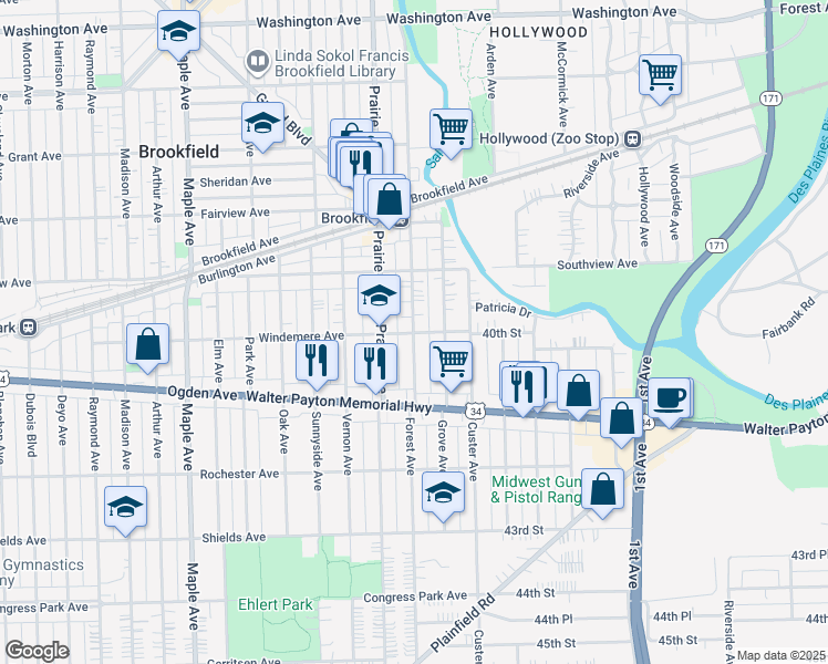 map of restaurants, bars, coffee shops, grocery stores, and more near 4000 Forest Avenue in Brookfield