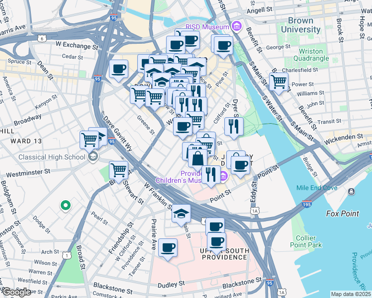 map of restaurants, bars, coffee shops, grocery stores, and more near 145 Clifford Street in Providence