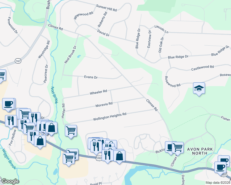 map of restaurants, bars, coffee shops, grocery stores, and more near 27 Wheeler Road in Avon
