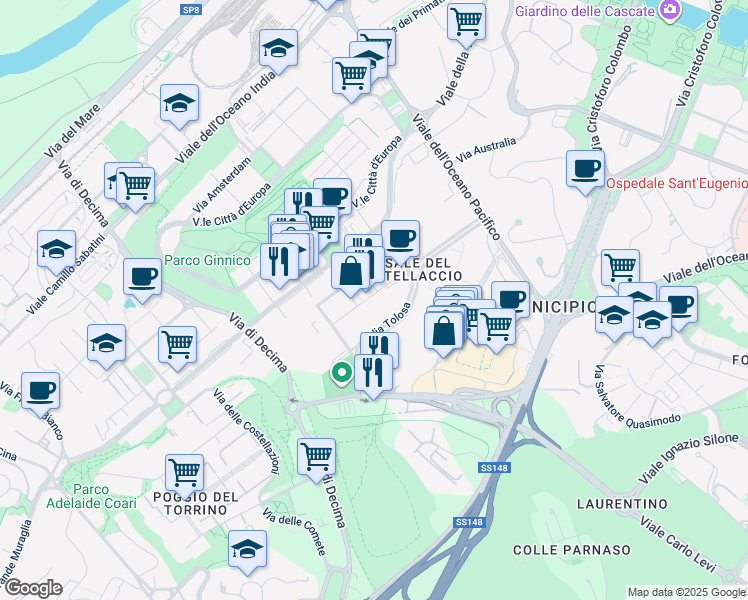 map of restaurants, bars, coffee shops, grocery stores, and more near 69-123 Viale Avignone in Roma