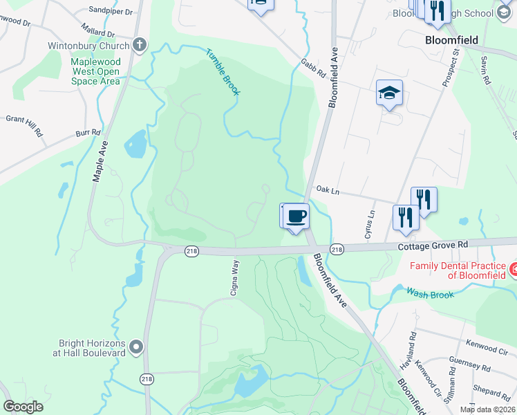 map of restaurants, bars, coffee shops, grocery stores, and more near 7 Cherry Hills Circle in Bloomfield