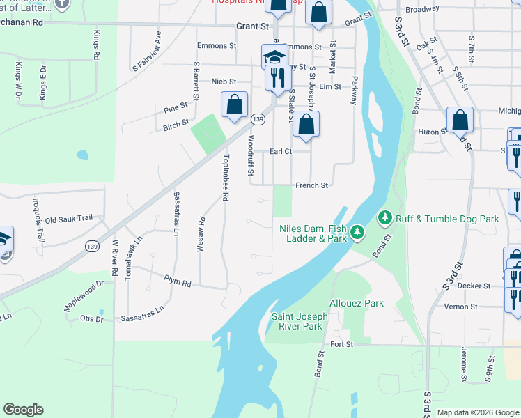 map of restaurants, bars, coffee shops, grocery stores, and more near 525 Gettysburg Drive in Niles