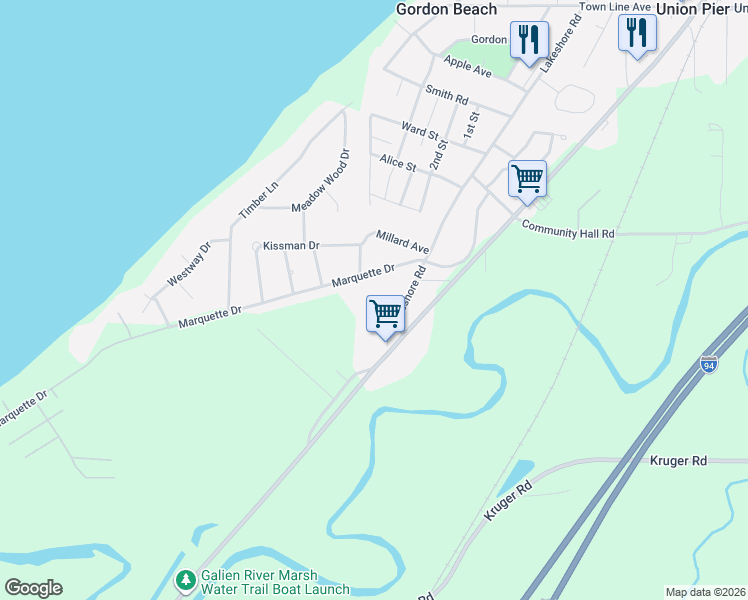 map of restaurants, bars, coffee shops, grocery stores, and more near 16660 Lakeshore Road in New Buffalo