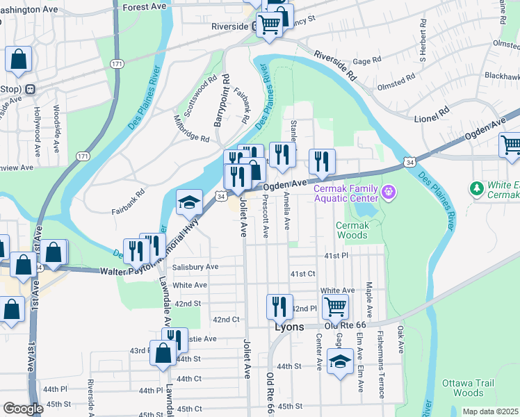 map of restaurants, bars, coffee shops, grocery stores, and more near 4007 Joliet Avenue in Lyons