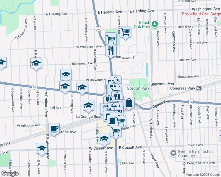 map of restaurants, bars, coffee shops, grocery stores, and more near in La Grange