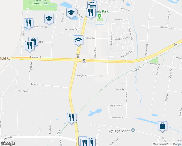 map of restaurants, bars, coffee shops, grocery stores, and more near 29W630 Albright Street in Warrenville