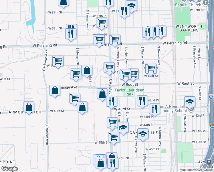 map of restaurants, bars, coffee shops, grocery stores, and more near 4150 South Halsted Street in Chicago