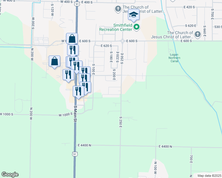map of restaurants, bars, coffee shops, grocery stores, and more near 855 South 250 East in Smithfield