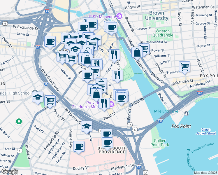 map of restaurants, bars, coffee shops, grocery stores, and more near 233 Richmond Street in Providence