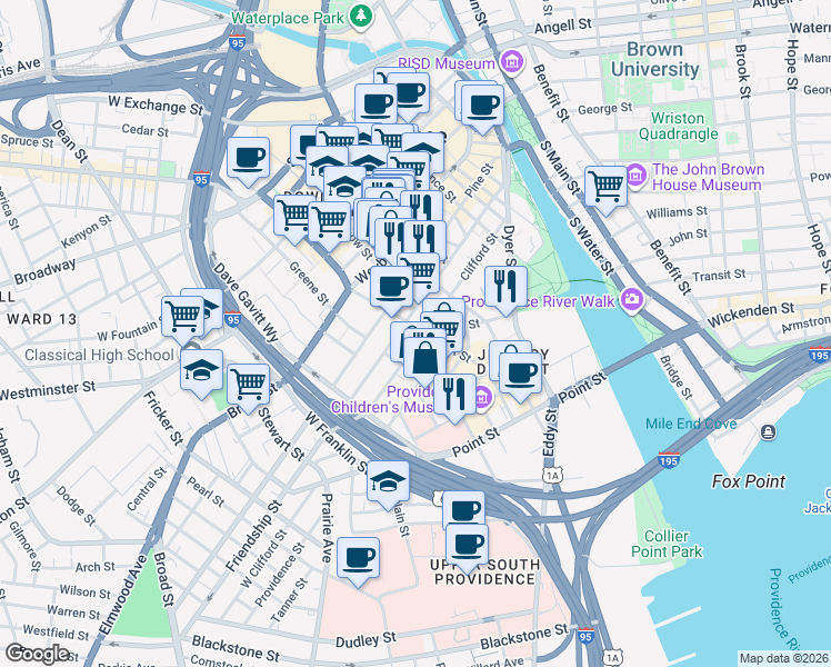 map of restaurants, bars, coffee shops, grocery stores, and more near 145 Clifford Street in Providence