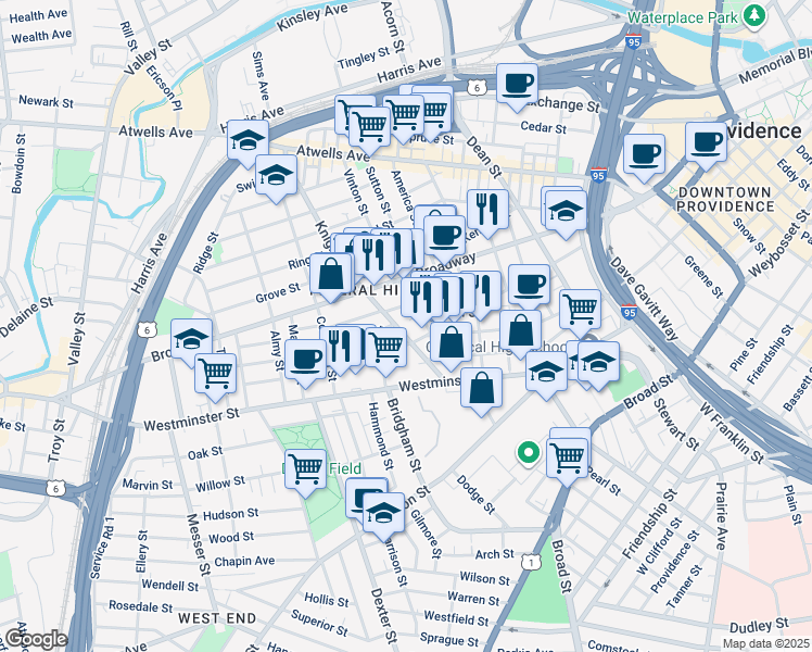 map of restaurants, bars, coffee shops, grocery stores, and more near 245 Carpenter Street in Providence