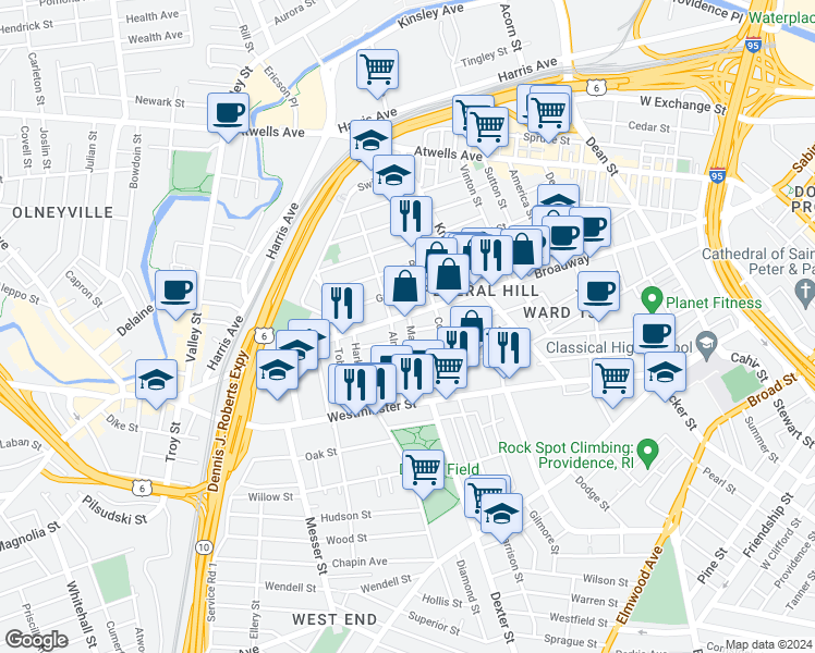 map of restaurants, bars, coffee shops, grocery stores, and more near 38 Almy Street in Providence