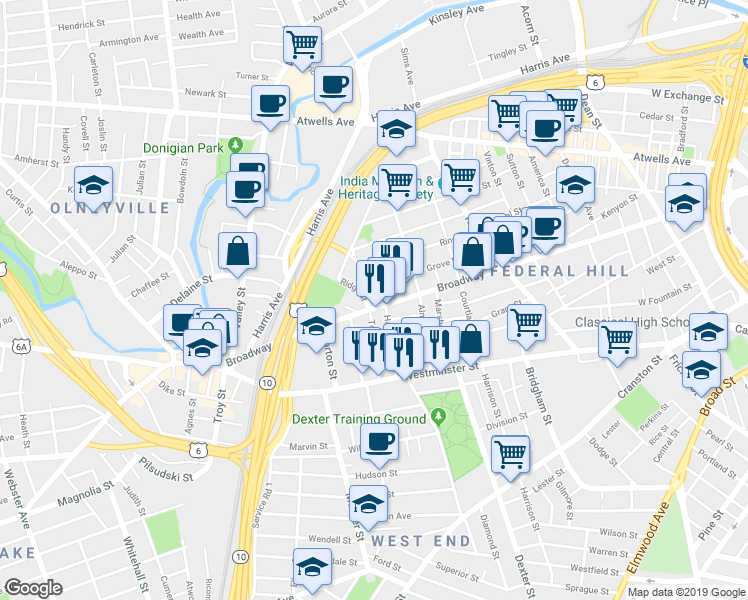 map of restaurants, bars, coffee shops, grocery stores, and more near 492 Broadway in Providence