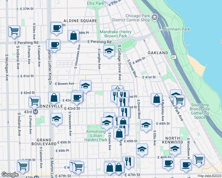 map of restaurants, bars, coffee shops, grocery stores, and more near 4201 South Evans Avenue in Chicago