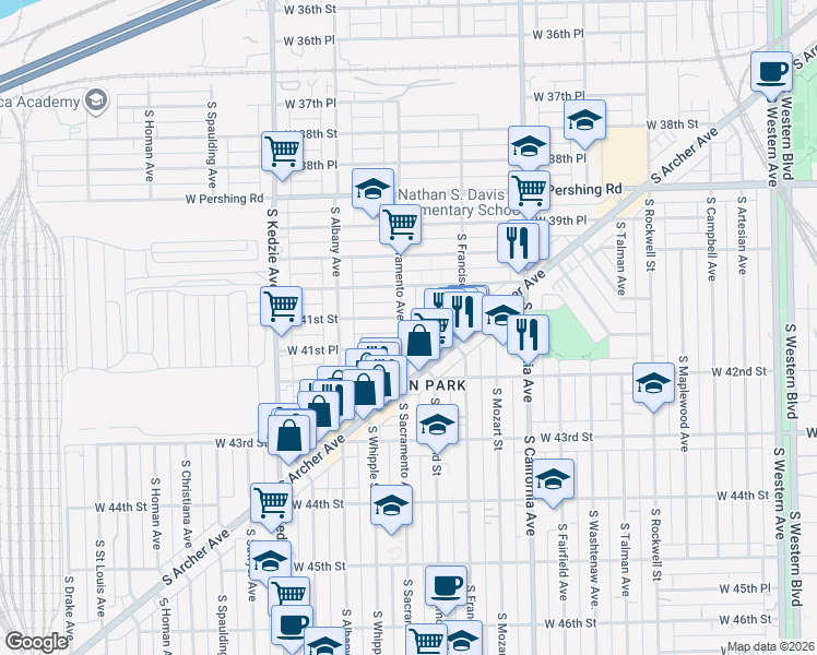 map of restaurants, bars, coffee shops, grocery stores, and more near 4115 South Sacramento Avenue in Chicago
