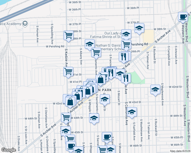 map of restaurants, bars, coffee shops, grocery stores, and more near 4115 South Sacramento Avenue in Chicago