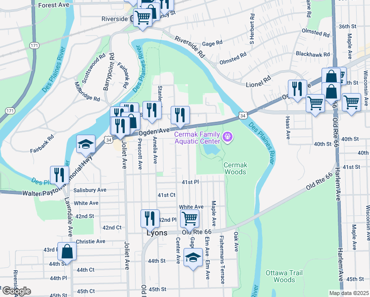 map of restaurants, bars, coffee shops, grocery stores, and more near 4011 Center Avenue in Lyons