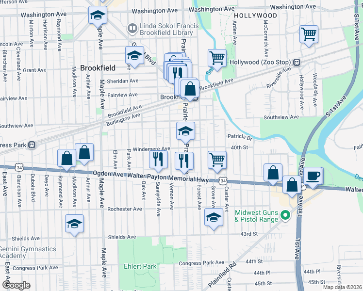 map of restaurants, bars, coffee shops, grocery stores, and more near 4008 Prairie Avenue in Brookfield