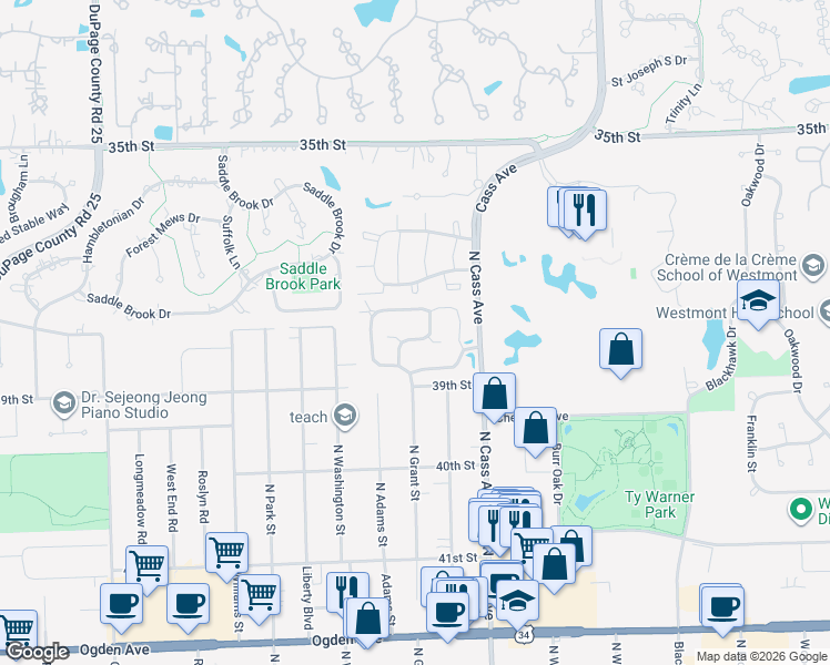 map of restaurants, bars, coffee shops, grocery stores, and more near 148 White Birch Lane in Westmont