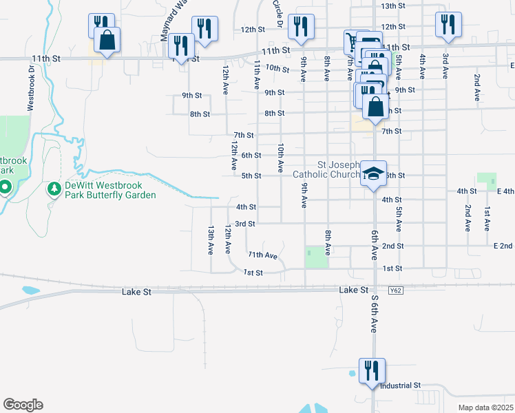 map of restaurants, bars, coffee shops, grocery stores, and more near 1101 4th Street in DeWitt