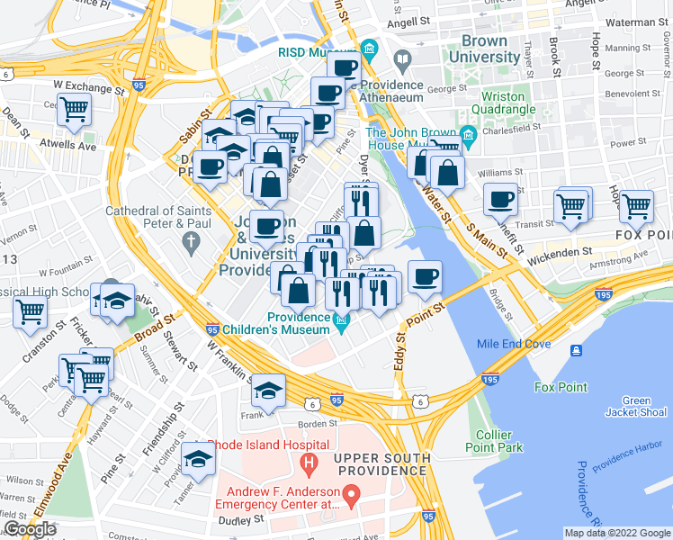 map of restaurants, bars, coffee shops, grocery stores, and more near 233 Richmond Street in Providence