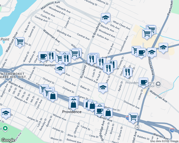 map of restaurants, bars, coffee shops, grocery stores, and more near 41R Cole Street in East Providence