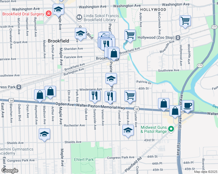 map of restaurants, bars, coffee shops, grocery stores, and more near 4008 Prairie Avenue in Brookfield