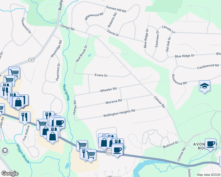 map of restaurants, bars, coffee shops, grocery stores, and more near 47 Wheeler Road in Avon