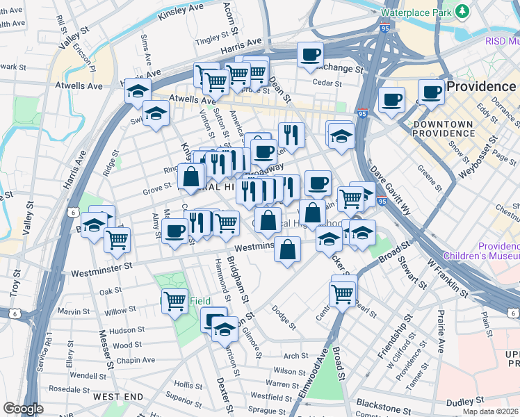 map of restaurants, bars, coffee shops, grocery stores, and more near in Providence