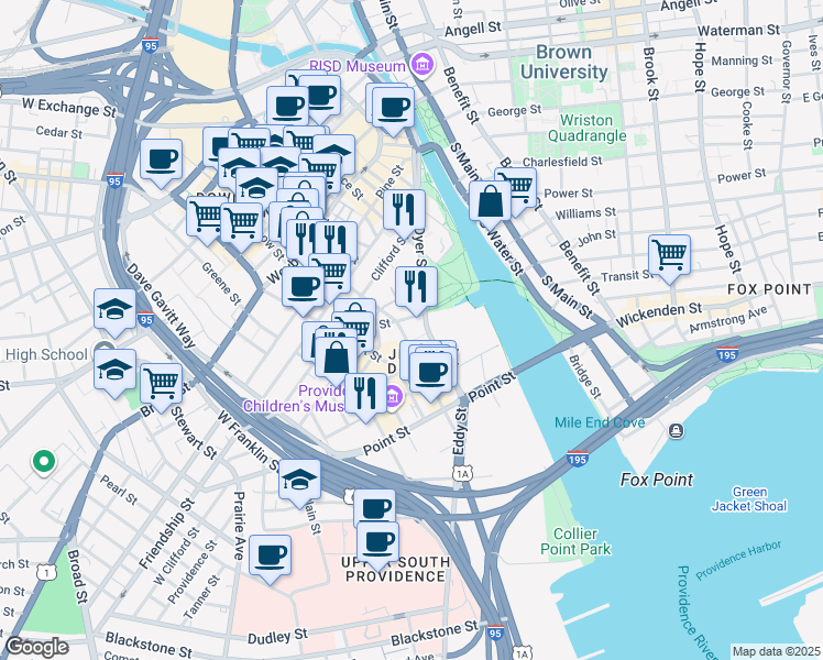 map of restaurants, bars, coffee shops, grocery stores, and more near 222 Richmond Street in Providence