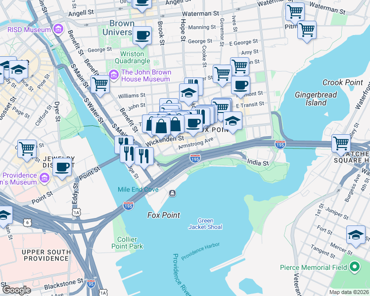map of restaurants, bars, coffee shops, grocery stores, and more near 118 George M Cohan Boulevard in Providence