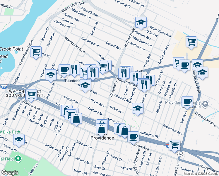 map of restaurants, bars, coffee shops, grocery stores, and more near 38 Leonard Avenue in East Providence