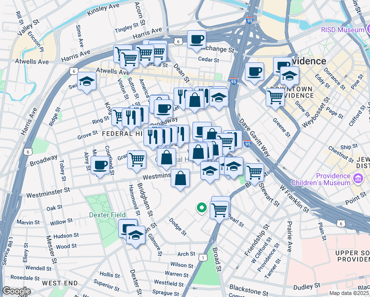 map of restaurants, bars, coffee shops, grocery stores, and more near 432 West Fountain Street in Providence