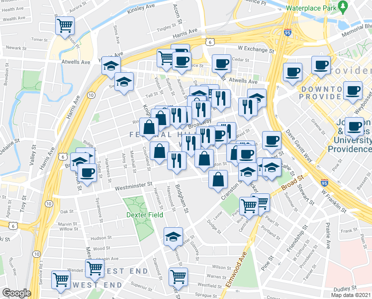 map of restaurants, bars, coffee shops, grocery stores, and more near in Providence
