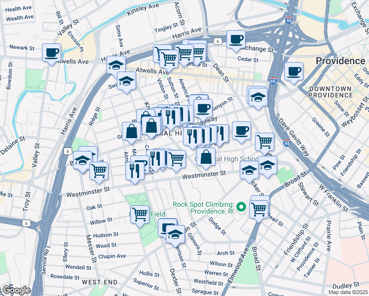 map of restaurants, bars, coffee shops, grocery stores, and more near 283 Carpenter Street in Providence