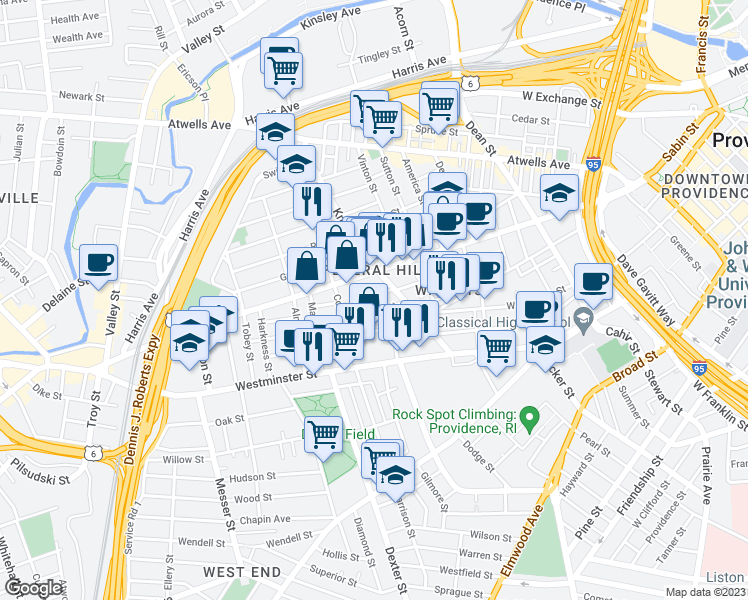 map of restaurants, bars, coffee shops, grocery stores, and more near 43 Grant Street in Providence