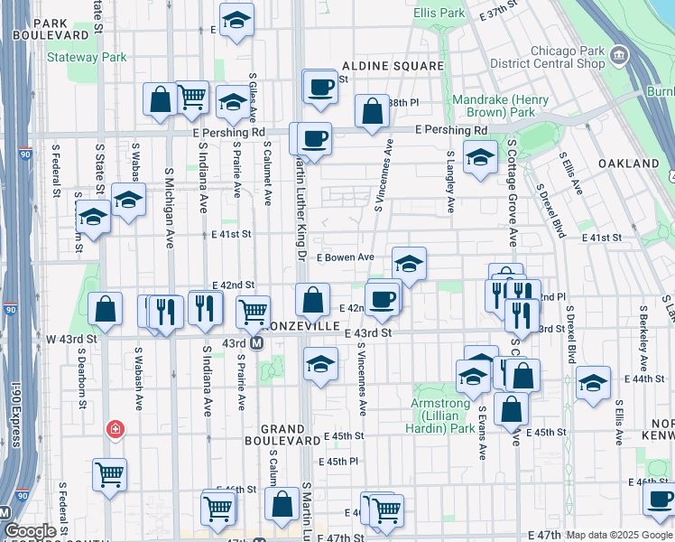 map of restaurants, bars, coffee shops, grocery stores, and more near 440 East 42nd Street in Chicago