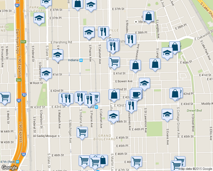 map of restaurants, bars, coffee shops, grocery stores, and more near 4157 South Calumet Avenue in Chicago