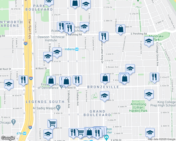 map of restaurants, bars, coffee shops, grocery stores, and more near 4155 South Prairie Avenue in Chicago