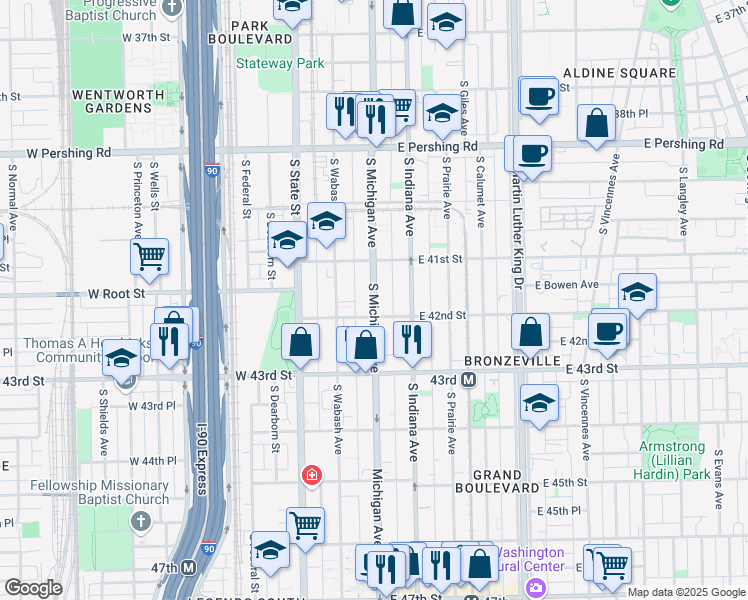 map of restaurants, bars, coffee shops, grocery stores, and more near 4157 South Michigan Avenue in Chicago