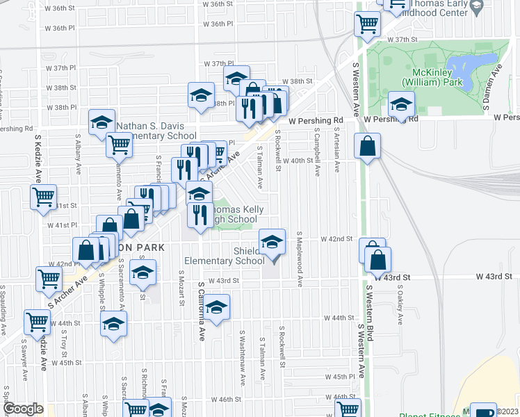 map of restaurants, bars, coffee shops, grocery stores, and more near 4128 South Montgomery Avenue in Chicago