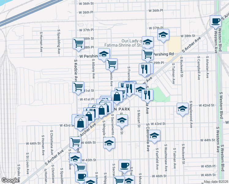 map of restaurants, bars, coffee shops, grocery stores, and more near 4115 South Sacramento Avenue in Chicago