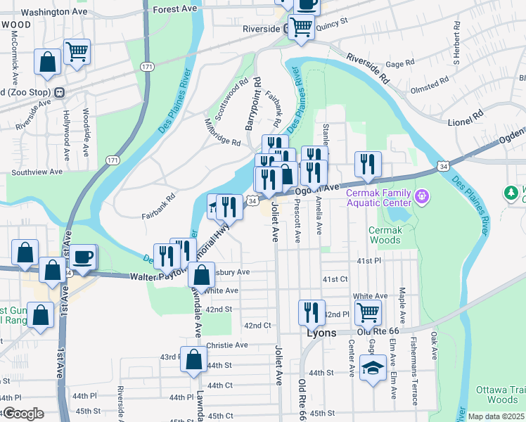map of restaurants, bars, coffee shops, grocery stores, and more near 8057 Joliet Avenue in Lyons