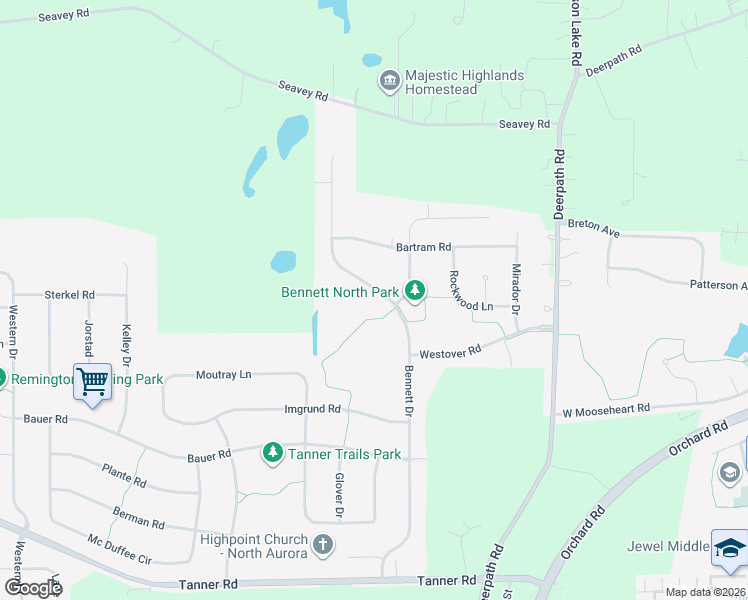 map of restaurants, bars, coffee shops, grocery stores, and more near 816 Bennett Drive in North Aurora