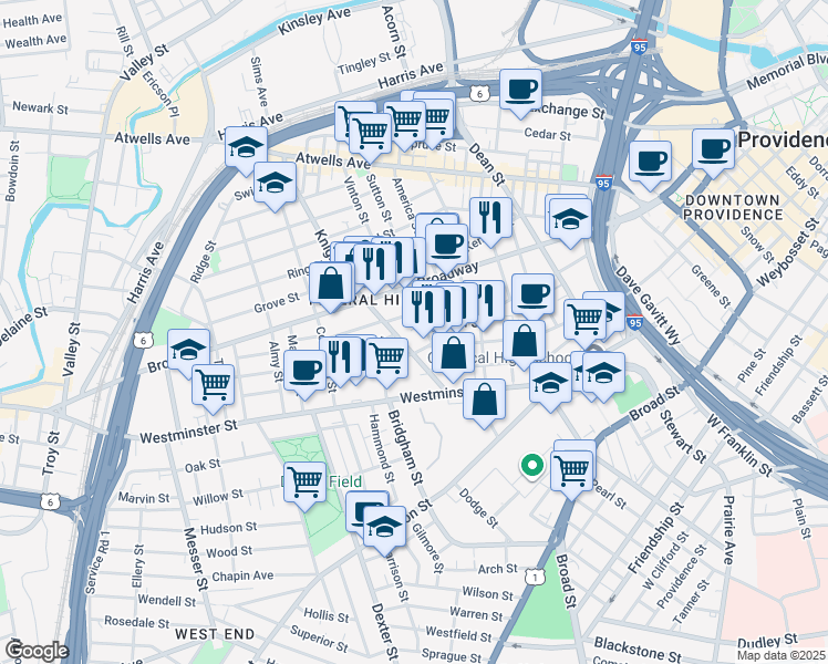 map of restaurants, bars, coffee shops, grocery stores, and more near in Providence