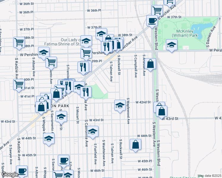 map of restaurants, bars, coffee shops, grocery stores, and more near 4128 South Montgomery Avenue in Chicago